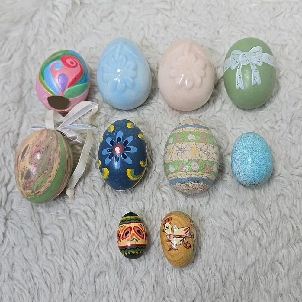 Vintage Easter Egg Tree Ornaments Lot of 10 Hand Painted Wooden Ceramic European